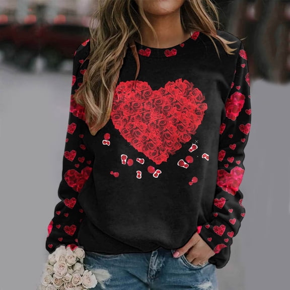 Hpapadks Womens Sweatshirts Valentine Day Print O Neck Hoody Casual Long Sleeve Workout Loose Pullover Tops Womens Sweatshirts No Hood