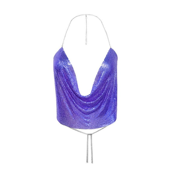Hpapadks Womens Tank Top Chain Beading Sleeveless Backless Halter Crop Top Club Vintage Tanks Camisole Tops for Women Purple L