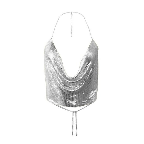 Hpapadks Womens Tank Tops Chain Beading Sleeveless Backless Halter Crop Top Club Vintage Tanks Camisole Tops for Women Silver M