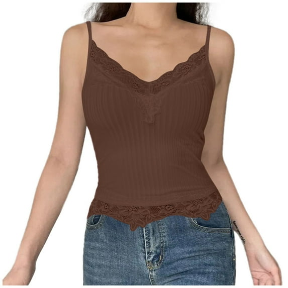 Hpapadks Womens Tank Tops Lace Trim Ribbed Deep V Neck Crop Camis Slim Fit Sleeveless Tanks Camisole Tops for Women Brown S