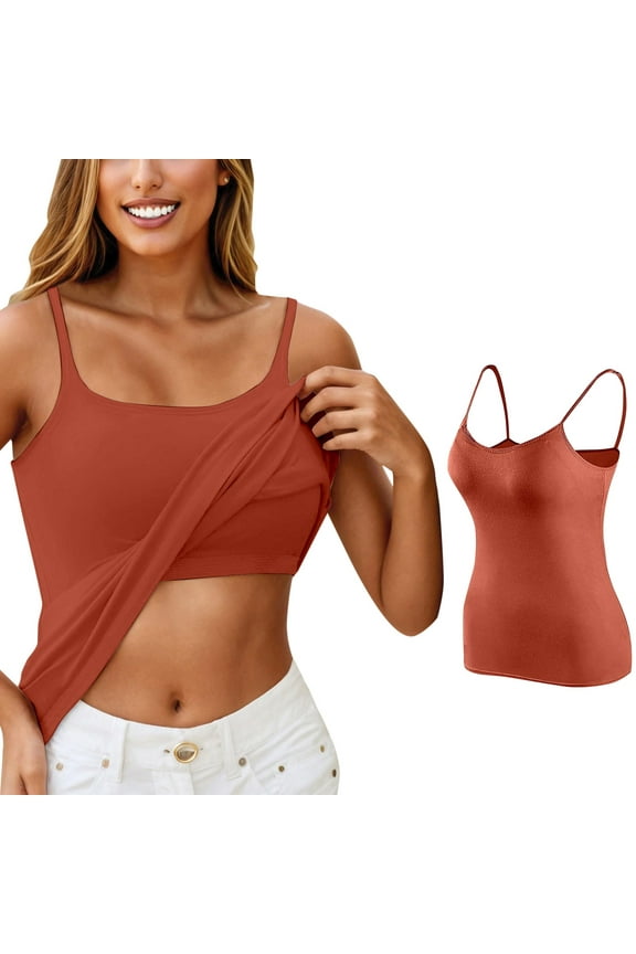 Womens Tankini Tops Casual Adjust Spaghetti Tanks with Built In Shelf Bras Solid Padded Camis Camisole Tops for Women Gold L