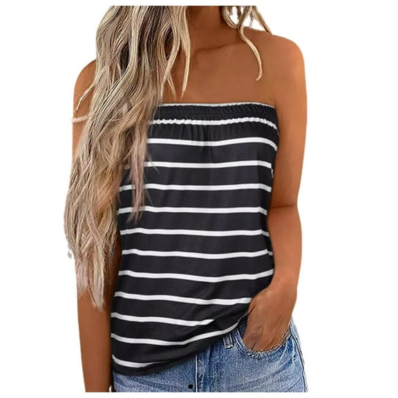 Hpapadks Womens Tankini Tops Stripe Print Strapless Casual Sleeveless Loose Holiday Bandeau Tanks Camisole Tops for Women Black S