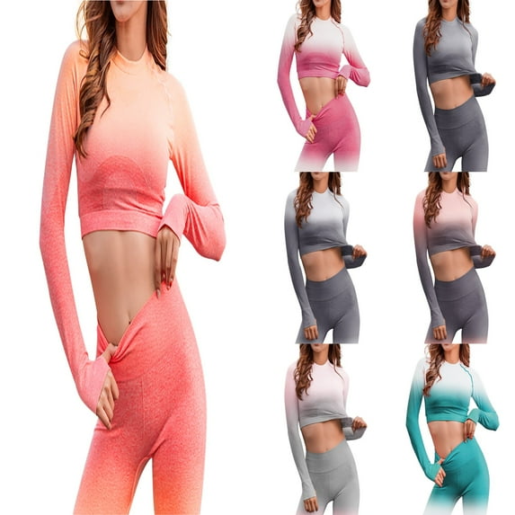 Hpapadks Womens Workout Sets 2 Piece Quick Dry Sportswear Yoga Fitness Wear Tight Long Sleeve Gradient Crop Tops Pants Set Yoga Outfits for Women Red L