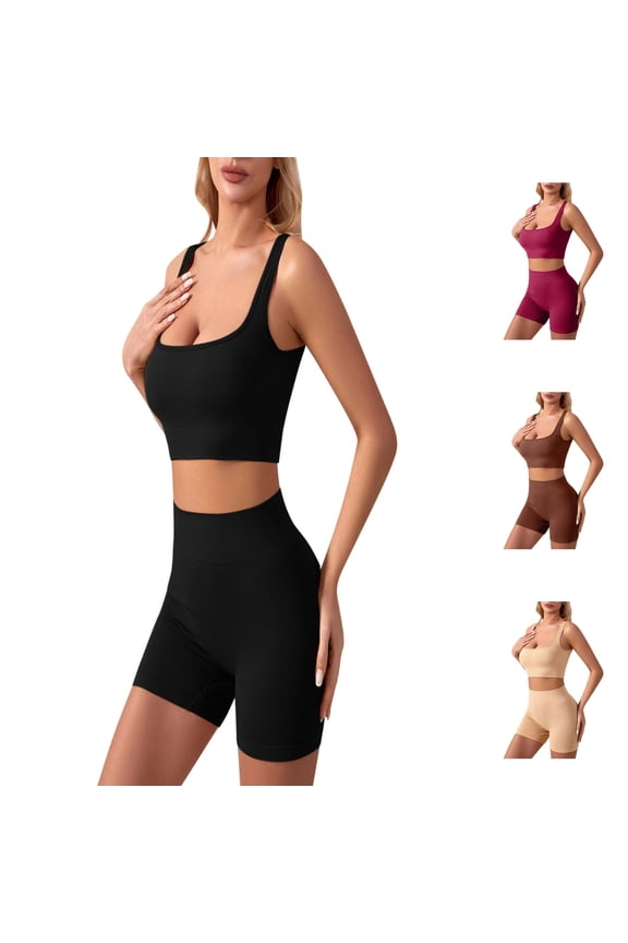 Work Out Sets Gym for Women 2 Piece Solid Sleeveless Ribbed Tank Tops Seamless Gym Yoga Sports Bra High Waist Shorts Workout Set Yoga Sets for Women Black L