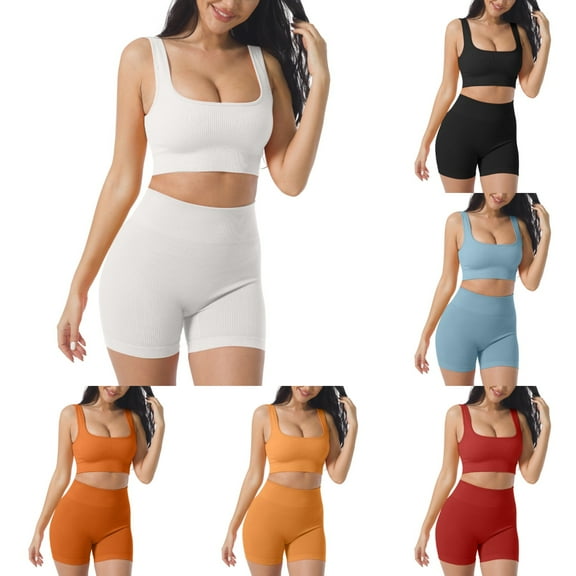 Hpapadks Workout Sets for Women 2 Piece Seamless Running Fitness Wear Slim Sleeveless Solid Square Neck Tank Tops Shorts Yoga Suit Yoga Outfits for Women Beige S