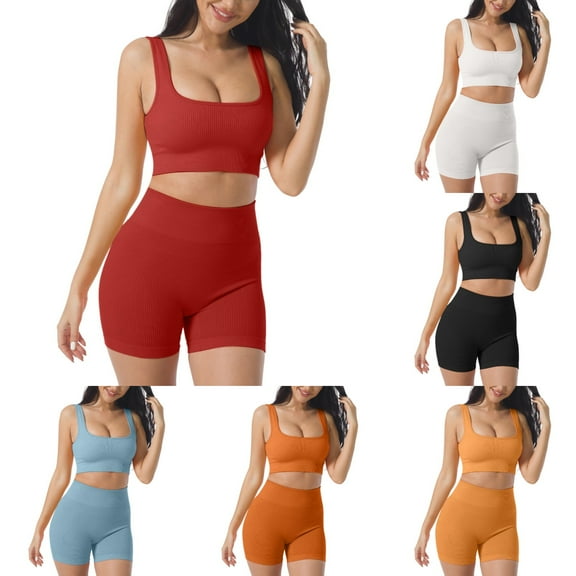Hpapadks Workout Sets for Women 2 Piece Seamless Running Fitness Wear Slim Sleeveless Solid Square Neck Tank Tops Shorts Yoga Suit Yoga Outfits for Women S