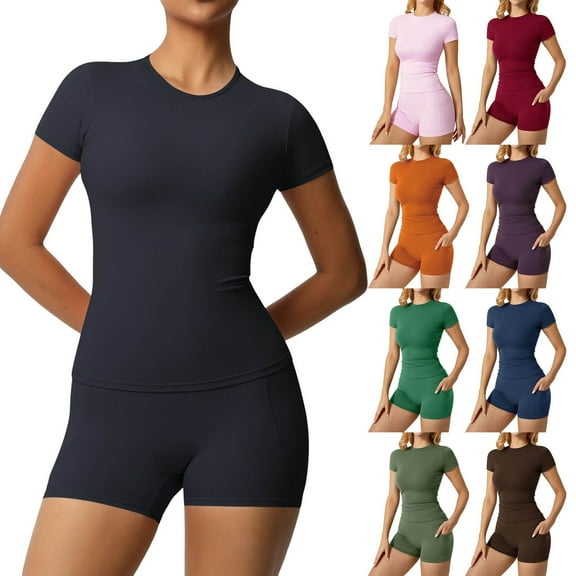 Hpapadks Workout Sets for Women 2 Piece Seamless Short Sleeve Solid Tight Tops High Waist Shorts Stretchy Gym Workout Yoga Outfit Yoga Outfits for Women Orange S