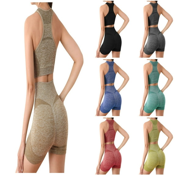 Hpapadks Workout Sets for Women 2 Piece Sporstwear Seamless Solid Bra Tops with High Waist Shorts Gym Tracksuit Yoga Set Yoga Outfits for Women Brown M