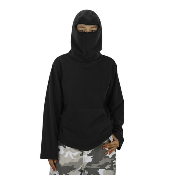 Hpapadks Youth Balaclava Hoodie Boys Girls Y2k Hoodies with Mask Baggy Sweatshirt Harajuku Hop Streewear with Pockets Black