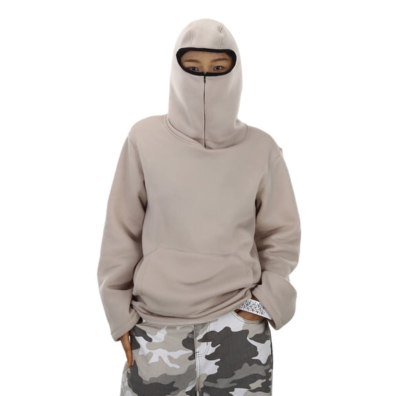 Hpapadks Youth Balaclava Hoodie Boys Girls Y2k Hoodies with Mask Baggy Sweatshirt Harajuku Hop Streewear with Pockets Khaki