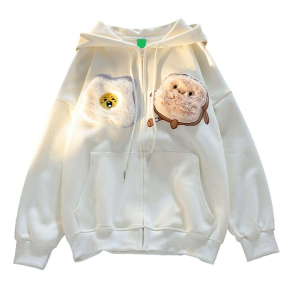 Hpapadks Zip Up Hoodie Women Full Zipper Embroidered Cute Hooded Sweatshirts Long Sleeve Oversized Fall Pocket Tops Womens Sweatshirt A Beige L