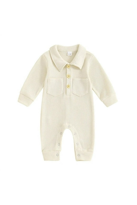 0-12 Months Newborn Baby Boy Waffle Knit Polo Romper Jumpsuit Solid Button Long Sleeve Collared Bodysuit Fall Winter Outfit