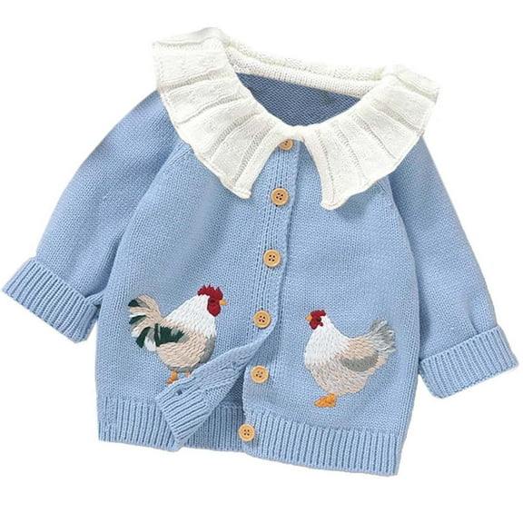 Hpgjzj Baby Girl Knit Cardigan Sweater Rooster Embroidery Doll Collar Knitwear Coat Toddler Fall Winter Clothes