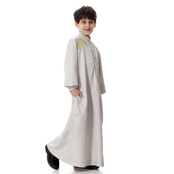 Hpgjzj Boy's Muslim Embroidery Thobe Long Sleeves Mandarin Neck Fashion Dresses And Long Topcoats Comfortable Blouse