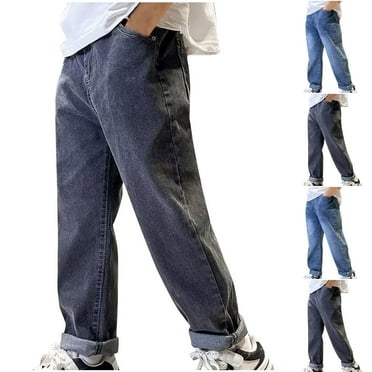 Hpgjzj Boy's Work Jeans Casual Hip Hop Cargo Solid Color Loose Fit Straight Wide Leg Cotton Denim Pants with Zipper 4-12 Years