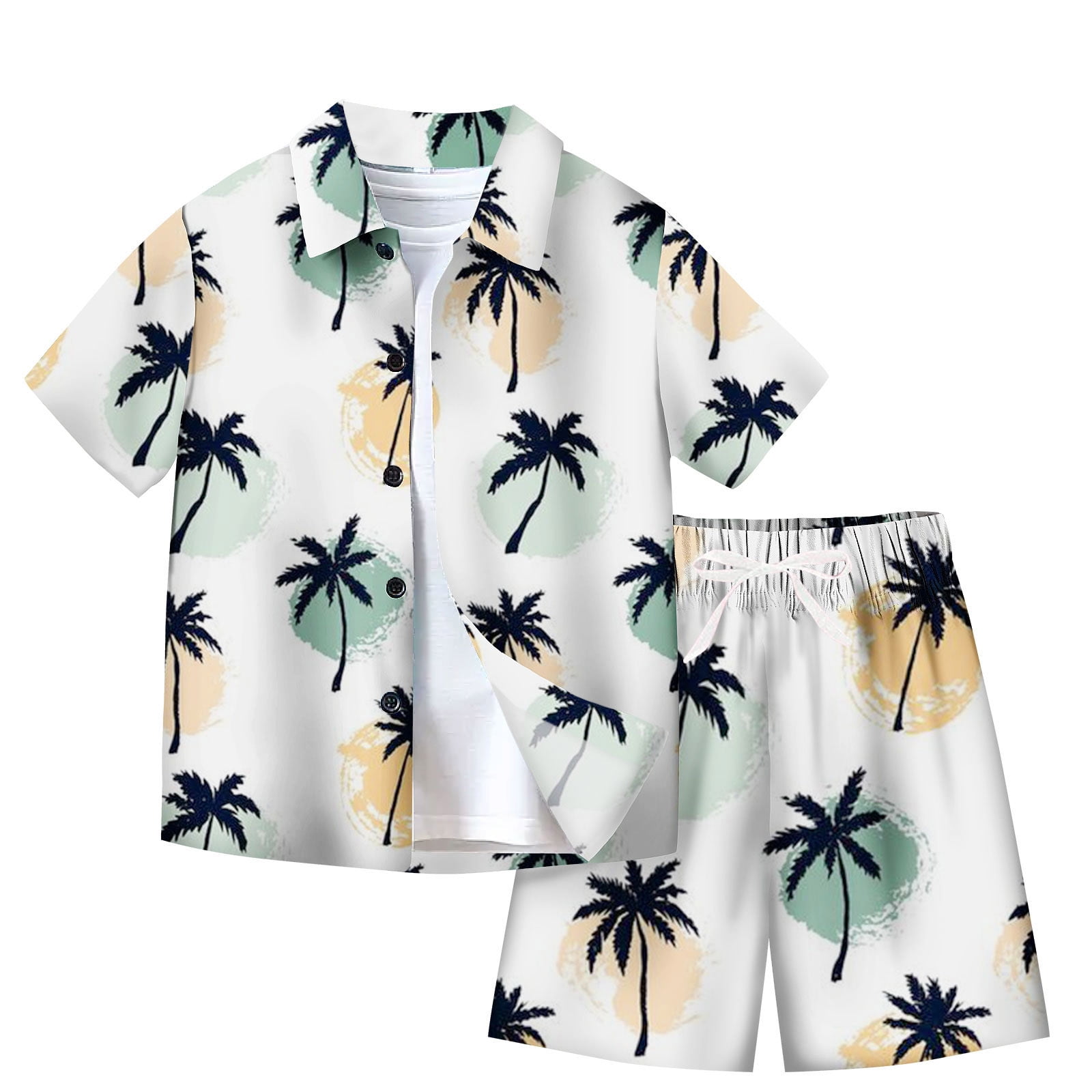 Boys Open Collar Printed Shirt and Shorts Set – Tropical Blue Palm Design