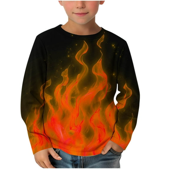 Hpgjzj Boys Long Sleeve Tees Shirts Girls Tops Kids Tshirts 3D Flame Print Crewneck Pullover