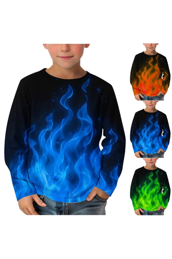 Boys Long Sleeve Tees Shirts Girls Tops Kids Tshirts 3D Flame Print Crewneck Pullover