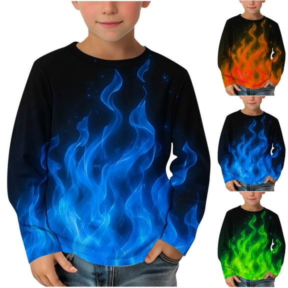 Hpgjzj Boys Long Sleeve Tees Shirts Girls Tops Kids Tshirts 3D Flame Print Crewneck Pullover