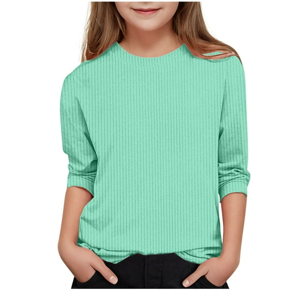 Hpgjzj Girls 3/4 Sleeve Cute Tops Crewneck Trendy Casual T Shirts Preppy Youth Clothes for Girls 2025 Spring Summer Clothing