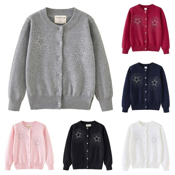 Hpgjzj Girls Cardigan Sweaters Fall Winter New Casual Jacquard Long Sleeve Button Rhinestone Lightweight Loose Outwear 2-9 Years