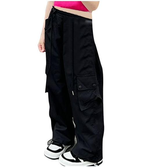 Hpgjzj Girls High Waist Parachute Pants Y2K Cargo Trousers with Pockets Street Dance Pants Casual Wear Pants