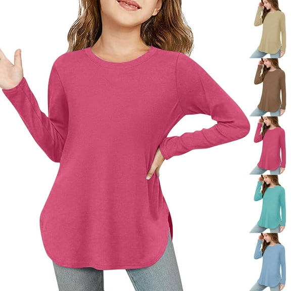 Hpgjzj Girls Long Sleeve Shirts Kids Curve Hem Side Slit Soft Tunic Tops T-Shirts 5-14 Years