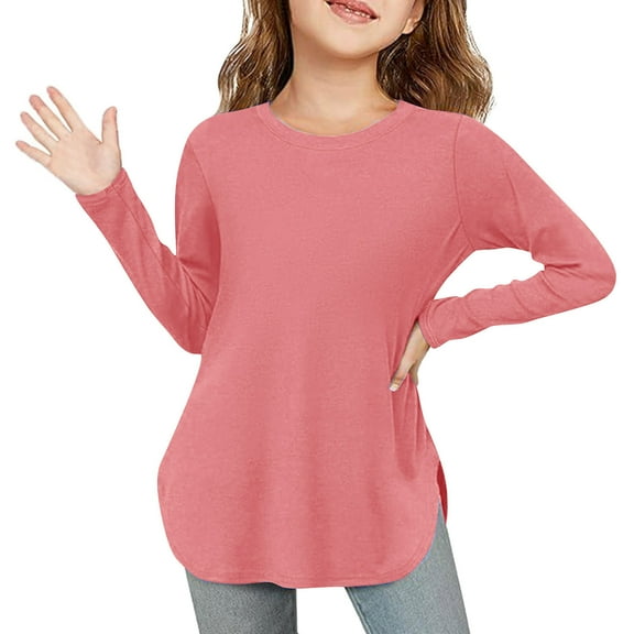 Hpgjzj Girls Long Sleeve Shirts Kids Curve Hem Side Slit Soft Tunic Tops T-Shirts 5-14 Years