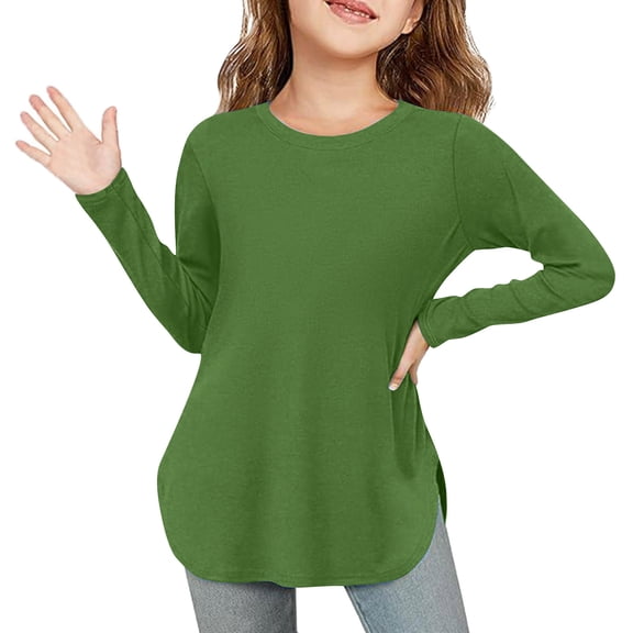 Hpgjzj Girls Long Sleeve Shirts Kids Curve Hem Side Slit Soft Tunic Tops T-Shirts 5-14 Years