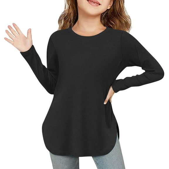 Hpgjzj Girls Long Sleeve Shirts Kids Curve Hem Side Slit Soft Tunic Tops T-Shirts 5-14 Years