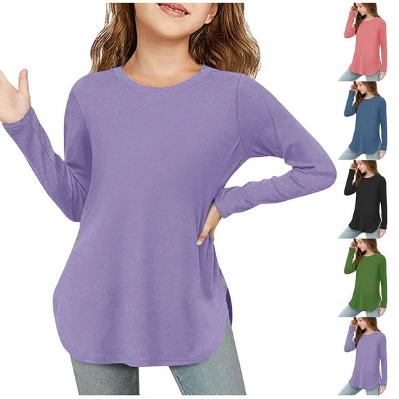 Hpgjzj Girls Long Sleeve Shirts Kids Curve Hem Side Slit Soft Tunic Tops T-Shirts 5-14 Years