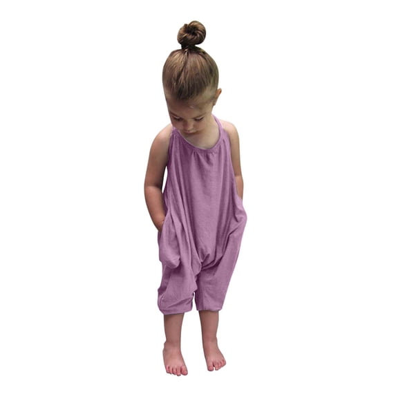 Hpgjzj Girls Romper Summer Fashion Baby Toddler Cute Strap Jumpsuit Solid Color One-Piece Romper with Pockets