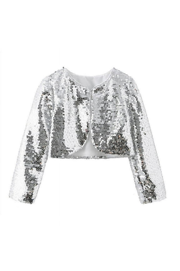 Girls Shiny Sequins Bolero Jacket Shrug Cape One Button Cardigan Sweater Flower Dress Cover Up Coat 3-8 Years