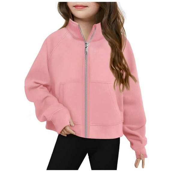 Hpgjzj Girls Zip Up Sweatshirt Kids Fashion Stand Collar Fleece Lined Jacket with Pockets 7-14 Years