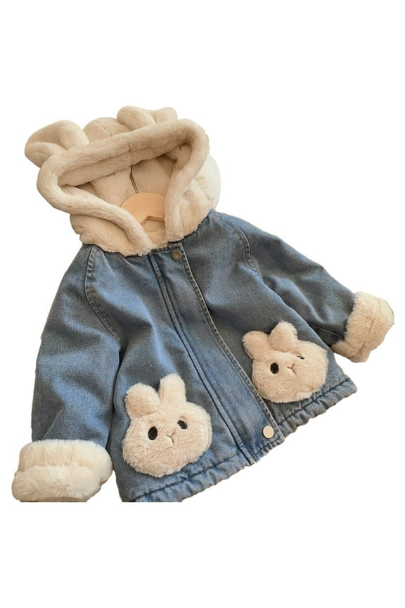 Girls' and Toddler Fleece Denim Jackets Zip Up Winter Coats Long Sleeve for 1-8Y with Bunny Ears Pockets 2024