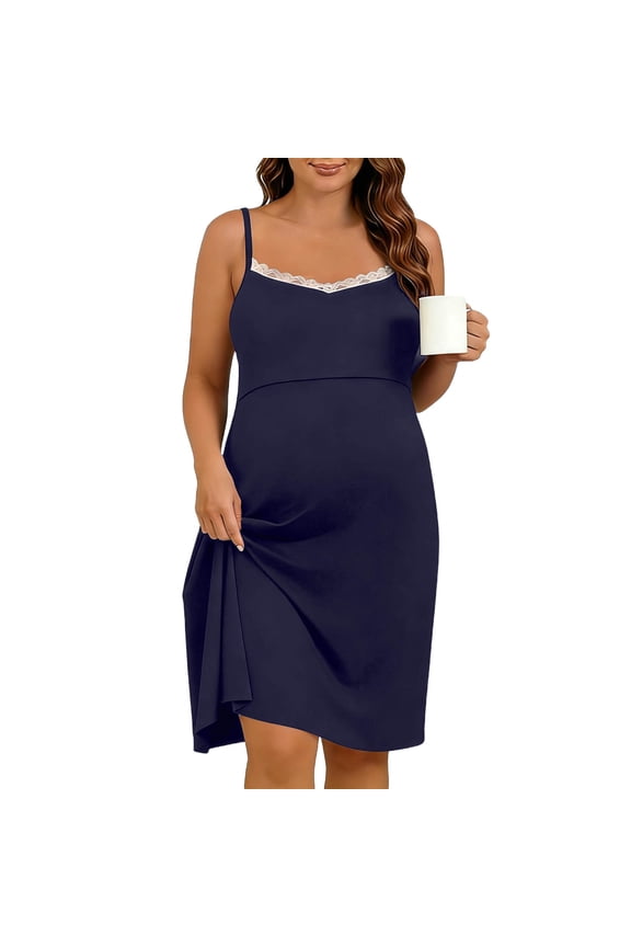 Maternity Nursing Cami Dress Lace Trim V Neck Adjustable Spaghetti Strap Breastfeeding Slip Nightgown for Women
