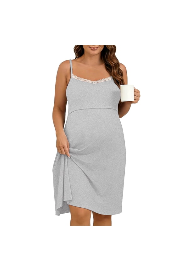 Maternity Nursing Cami Dress Lace Trim V Neck Adjustable Spaghetti Strap Breastfeeding Slip Nightgown for Women