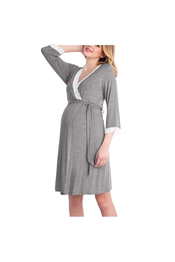 Maternity Wrap Nursing Robe Three Quarter Sleeve Front Tie Soft Knit Loose Pregnancy Home Garment