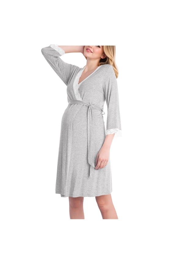 Maternity Wrap Nursing Robe Three Quarter Sleeve Front Tie Soft Knit Loose Pregnancy Home Garment