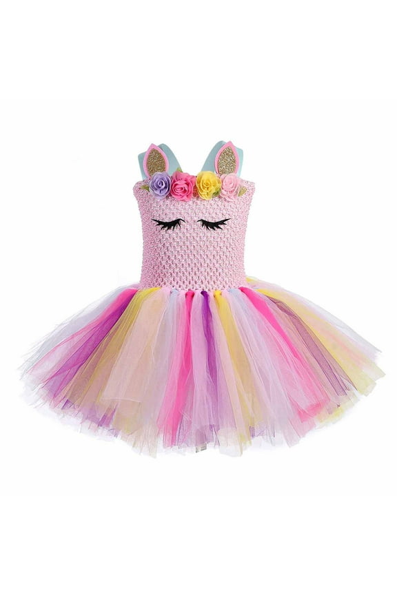 Sequins Unicorn Rainbow Tutu Dress for Girls Princess Wedding Birthday Party Costumes Colored Mesh Floral Dress