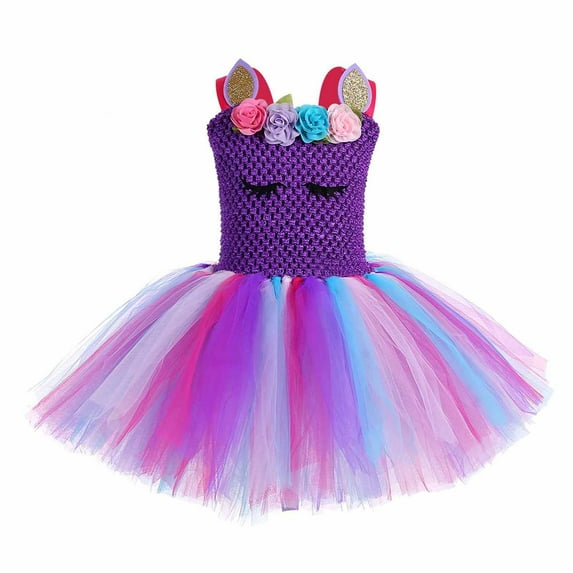 Hpgjzj Sequins Unicorn Rainbow Tutu Dress for Girls Princess Wedding Birthday Party Costumes Colored Mesh Floral Dress