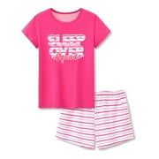 Hpgjzj Summer Pajamas for Girls – Stripe & Glittering Heart PJS Pal Cute Jammies Set Short Sleeve Crewneck Tops Shorts Big Kids Size 6-16