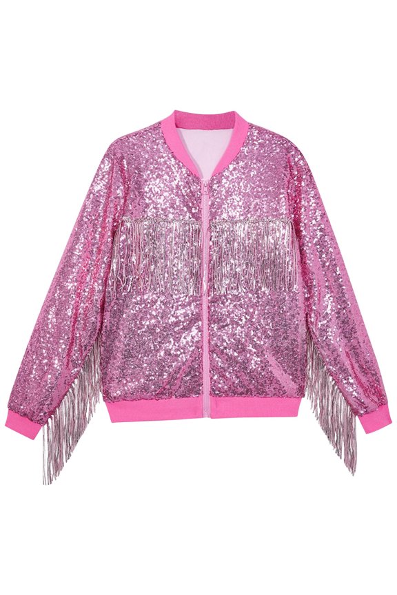 Tessel Sequin Jacket for Kids Sparkly Bomber Varsity Trendy Shiny Coat Ladies Glitter Birthday Party Holiday Clothes