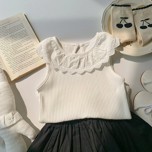 Hpgjzj Toddler Girls Summer Casual Comfort Lace Ruffle Sleeveless T-Shirt Baby Girls Spring Solid Color Ribbed Tops Tees