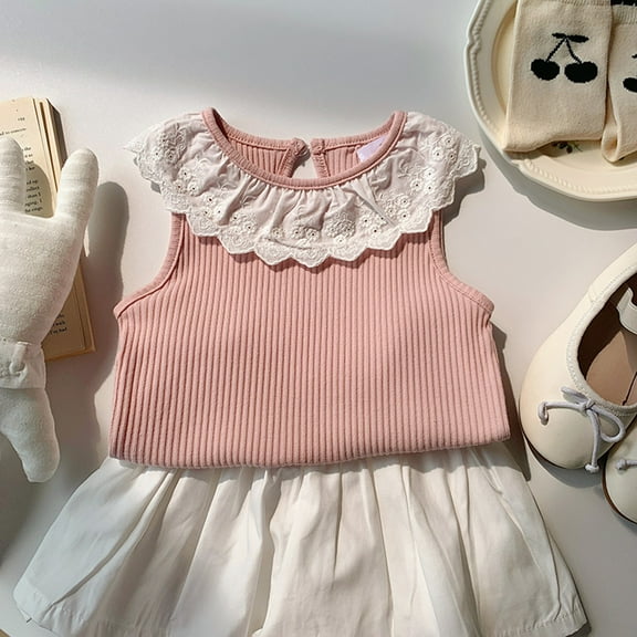 Hpgjzj Toddler Girls Summer Casual Comfort Lace Ruffle Sleeveless T-Shirt Baby Girls Spring Solid Color Ribbed Tops Tees