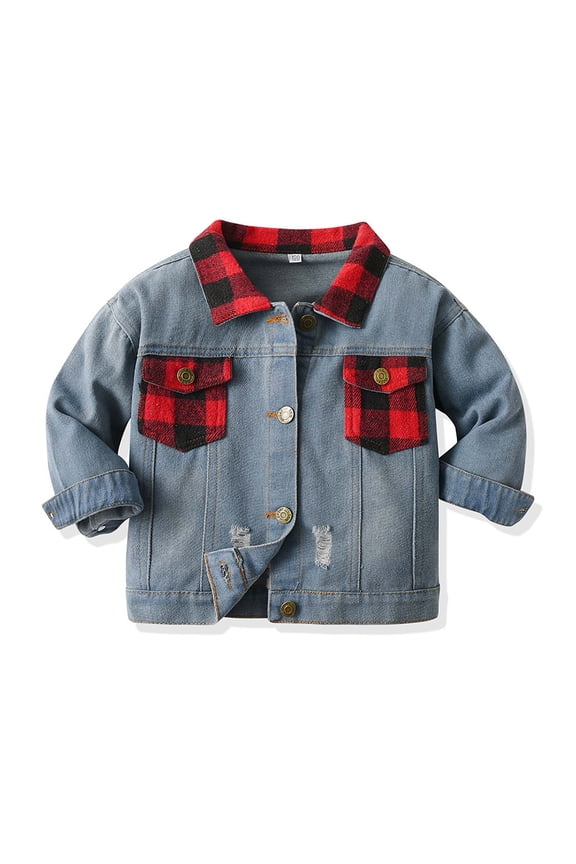 Toddler Little Boy Girl Denim Jacket with Pocket Long Sleeve Button Down Jeans Coat Classic Plaid Overcoat 12 Months - 7 Years