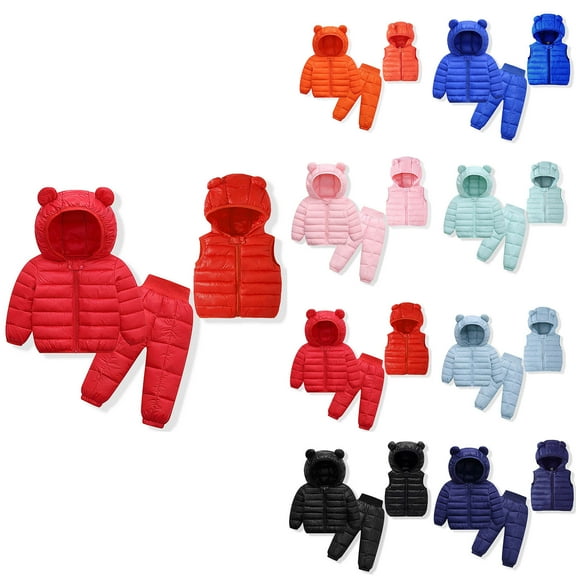 Hpgjzj Winter Hooded Down Coat Vest and Pants Suit for Kids Baby Boys Girls Lightweight Puffer Bear Hoods Infant Outerwear