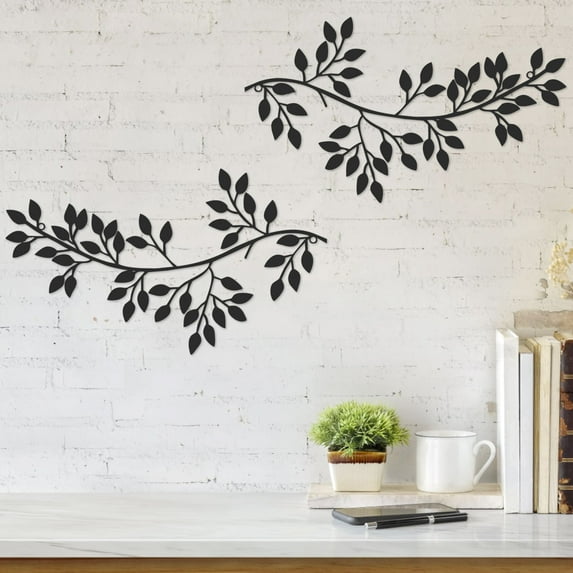 Keyohome 2Pcs Metal Wall Art Tree Leaf Wall Decor Vine Olive Branch Leaf Wall Sculpture Sturdy Home Decor Wall Decoration,Black