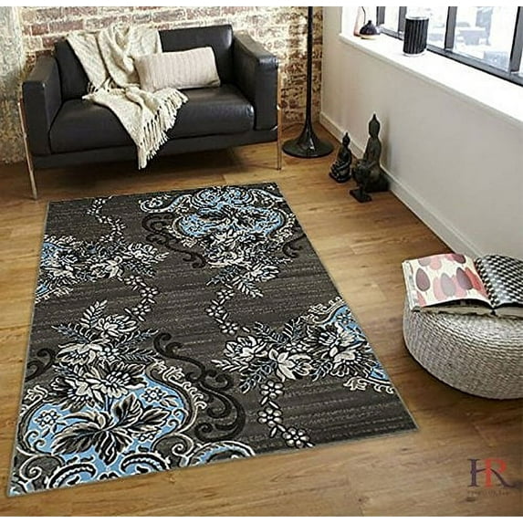 Hr Mixture Of Traditional, Floral Modern Contemporary Multi Colors Patterns Design Area Rug Carpet. Blue And Grey And Silver.
