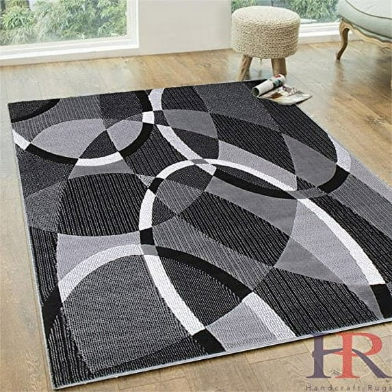 Hr Modern Contemporary Oval And Circle Patterns Design Area Rug Black And Grey